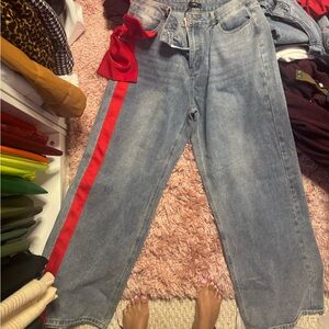 MICAS Women's Blue Jeans with Red Stripe BOW